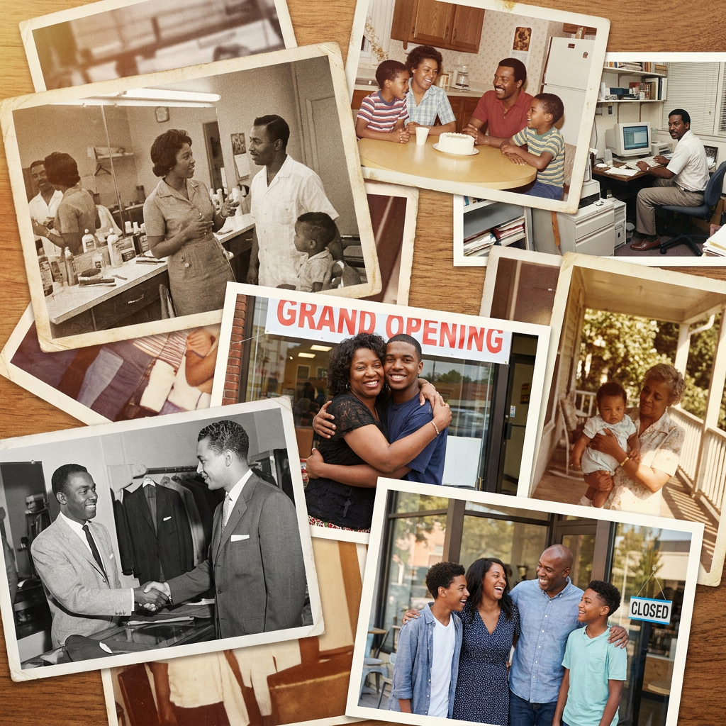 A wall of photographs documenting the milestones and marks of everyday people