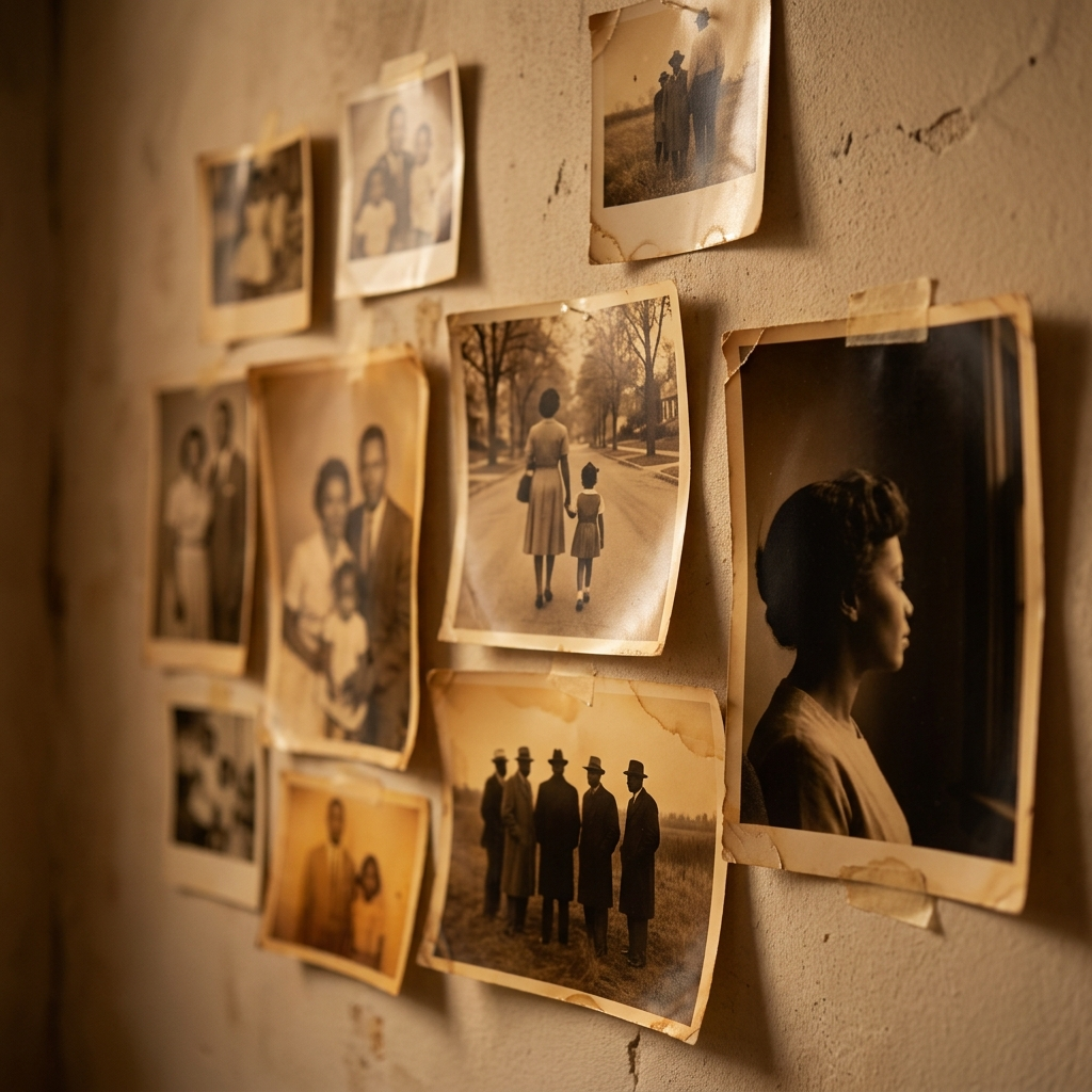 A collection of aged personal photographs, evoking memory and legacy