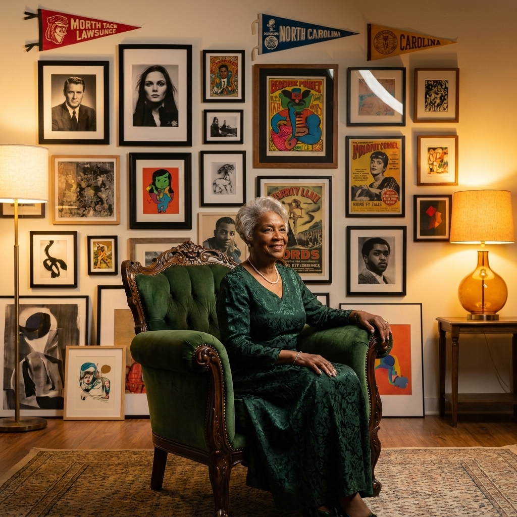 A woman seated in a green velvet chair before a wall of framed portraits